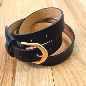 Black Faux Leather Thin Belt .9" Gold-toned Buckle